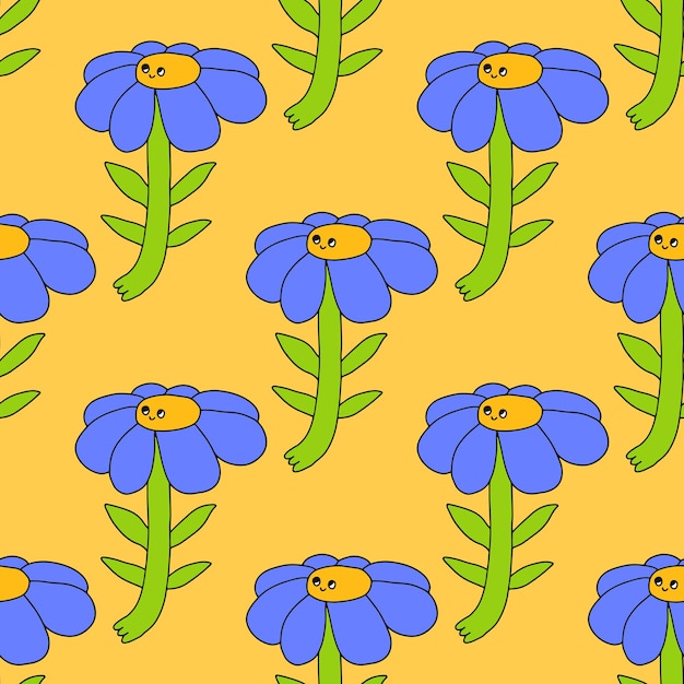 square seamless pattern with psychedelic hippie 1970 flowers characters