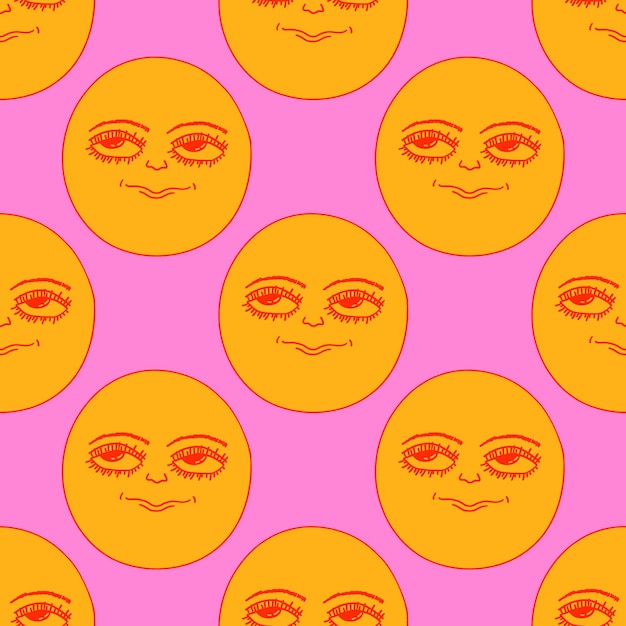 Vector square seamless pattern with psychedelic hippie 1970 smiley sun