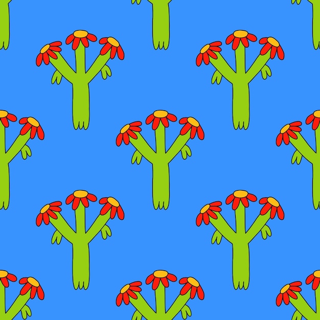 Square seamless pattern with psychedelic hippie flowers