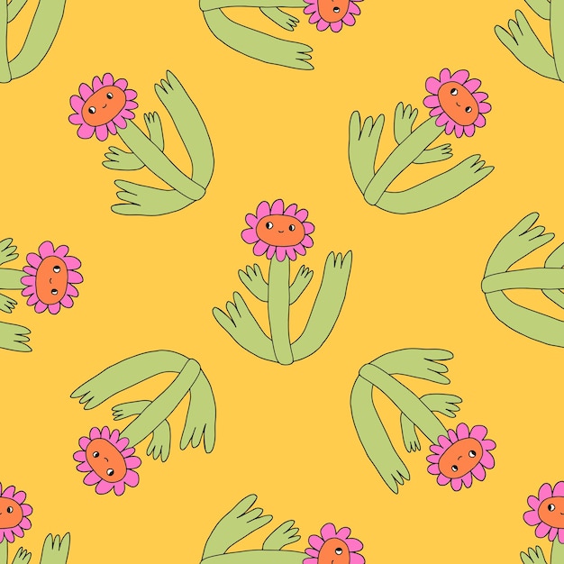 Square seamless pattern with psychedelic hippie flowers