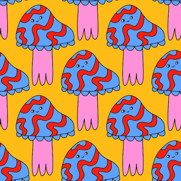 Vector square seamless pattern with psychedelic hippie mushroom