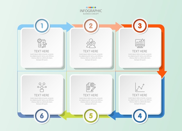 6 つのステップ、プロセスまたはオプション、プロセス チャートを含む正方形のインフォ グラフィック。