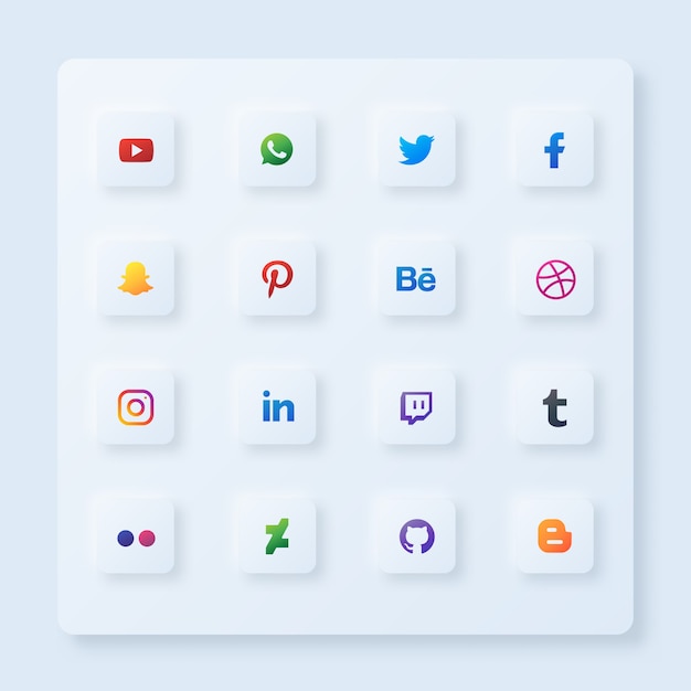 벡터 neumorphism 스타일의 스퀘어 소셜 미디어 아이콘 세트