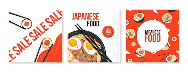 Square social media templates for Japanese restaurants Asian food rolls ramen Vector