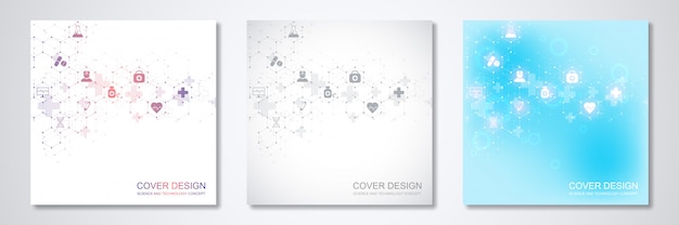 Square template cover with medical icons and symbols. Healthcare, science and innovation technology concept.