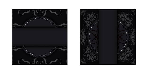 Square Template for print design postcard in black color with luxury ornaments. Preparing an invitation with a place for your text and vintage patterns.