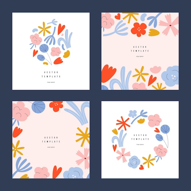 Square templates set with flowers and abstract shapes copy space wreath vector arrangements