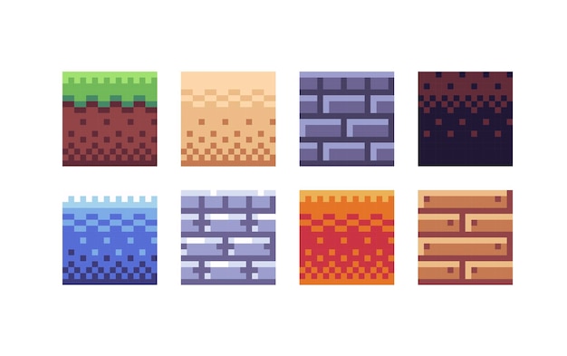 Square tile pixel art set. different ground texture grid collection.