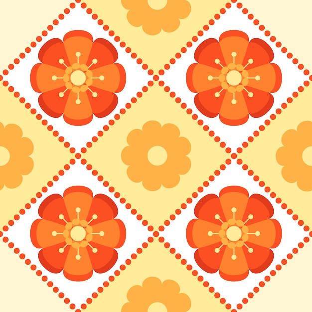 Square tiles with red flowers. decorative seamless pattern