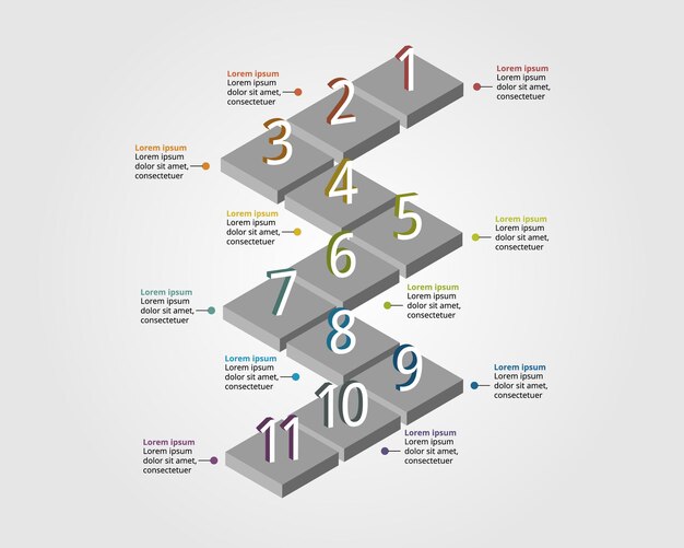 Modello di grafico a sequenza temporale quadrata per infografica per presentazione per 11 elementi