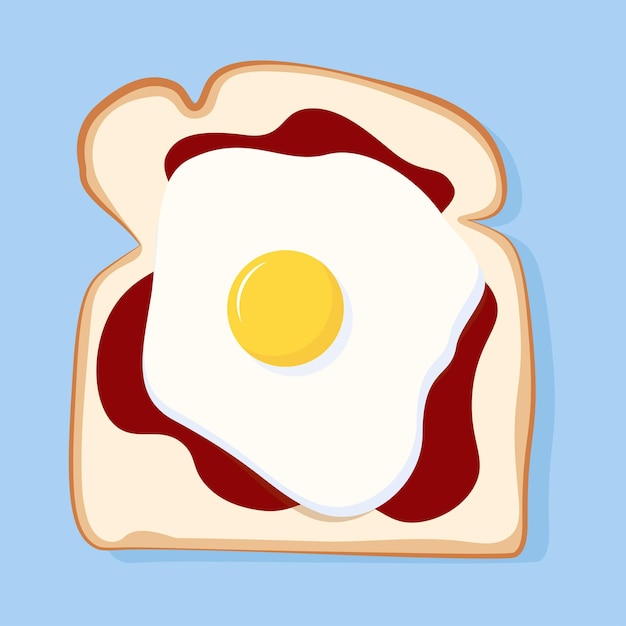 Square toast bread with ketchup and fried egg on blue background