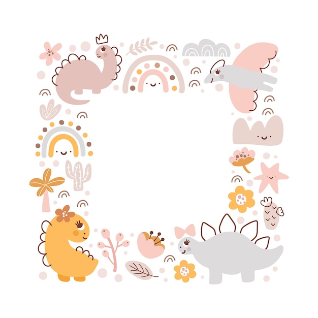 Square Vector dino girl frame with dinosaurs and hand drawn flowers palm rainbow and cactus with place for text