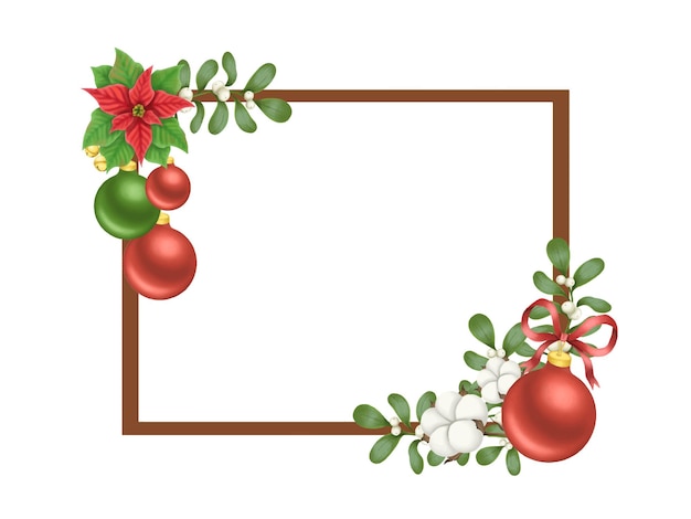 Vector square vector frame with burning candles, holly leaves and mistletoe branches.