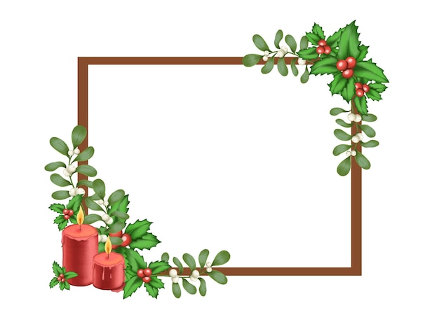 Square vector frame with burning candles, holly leaves and mistletoe branches.