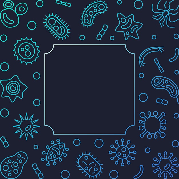 Square vector frame with microorganism outline blue icons