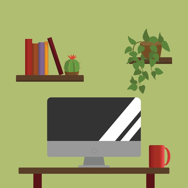 Square vector illustration of a desk with a computer a mug and two shelfs with books and plants