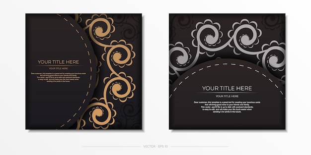 Vector square vector postcard in black color with indian ornaments invitation card design with mandala patterns