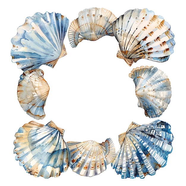 Vector square watercolor sea shell frame in muted blues and beige empty in the middle on a white background