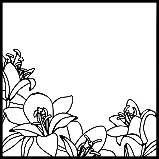 Квадратная свадебная рамка с цветами векторной иллюстрации лилий Черно-белый рисунок