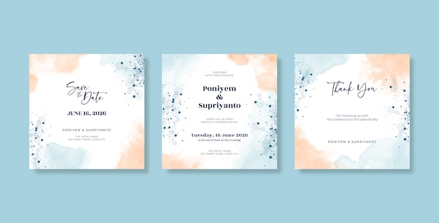 Square wedding invitation set with watercolor texture