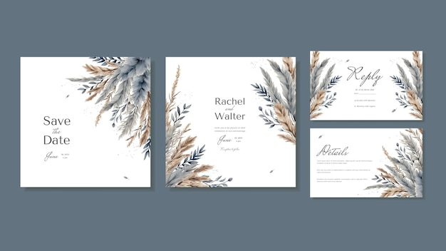 Vector square wedding invitation templates with thank you cards with watercolor leaves dried flowers