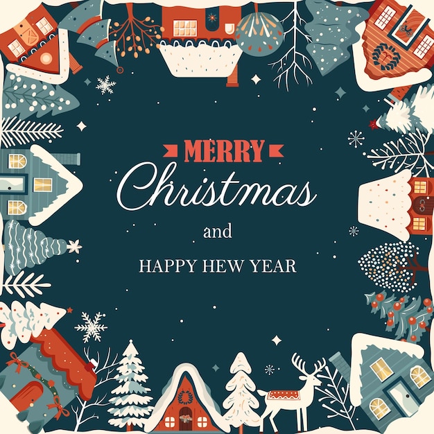 사각형 겨울 카드 크리스마스 프레임 스칸디 집 눈  ⁇ 인 나무 새해 겨울 장식 포스터