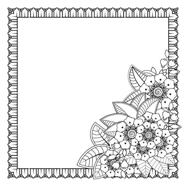 Quadrato con fiori in stile mehndi. decorazione in ornamento etnico orientale, doodle.