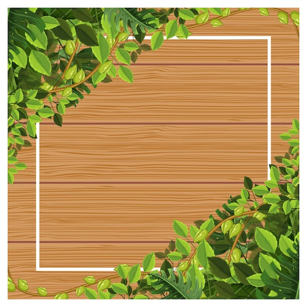 Vector square wood board with tropical green leaves