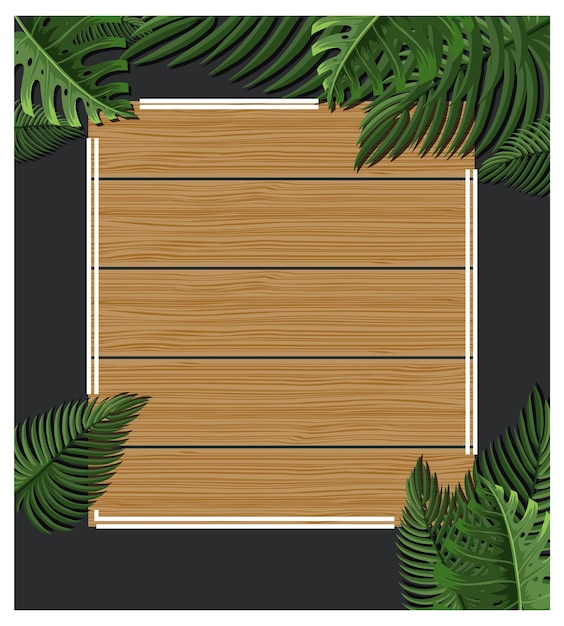 Square wood board with tropical green leaves