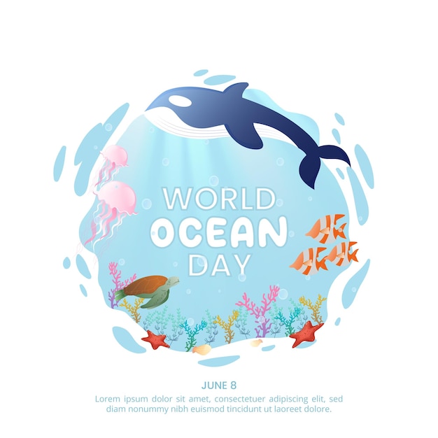 Square world ocean day background with illustration of ocean life