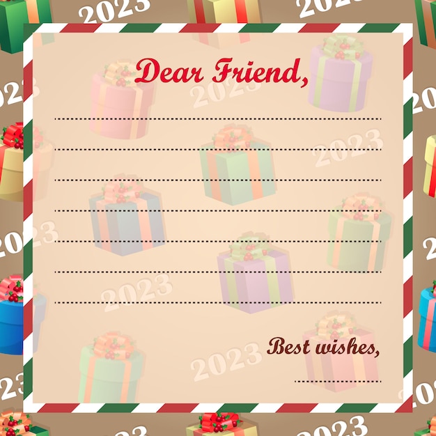 Square xmas letter blank template. holiday vintage greeting card with striped frame on pattern 2023