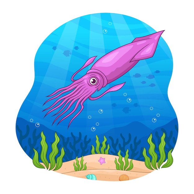 Vettore di disegno dell'illustrazione dell'oceano subacqueo del fumetto del calamaro