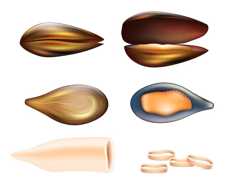 Vector squid and mussels realistic seafood ingredients boiled and chopped meat for salad marine product