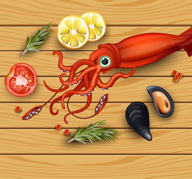 Squid and mussels seafood on wood background