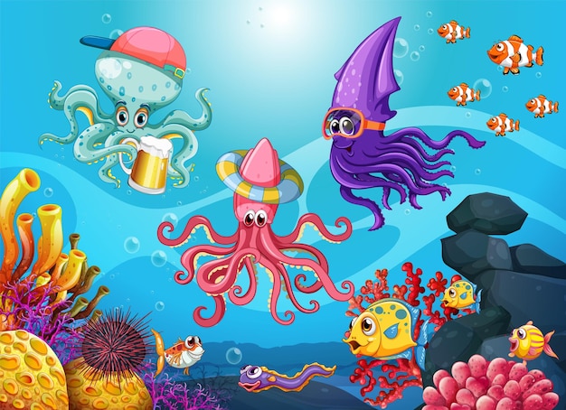 Squid and octopus in the ocean