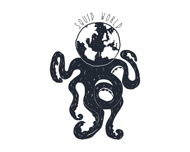 Vector squid world logo met de hand getekend concept met de hand getekende octopus met bolkop en tentakels illustratie