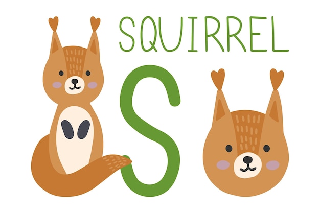 Squirrel Animal alphabet. Hand draw forest animals in Scandinavian style.