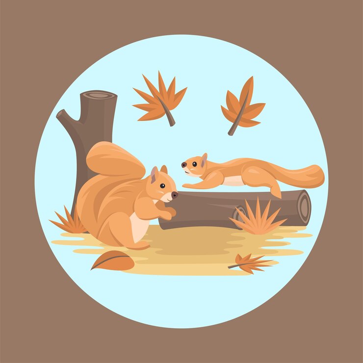 Vector squirrel animal couple flat vector colorful with autumn nature background elements