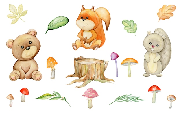 Squirrel, beaver, bear, mushrooms, leaves, stump. Watercolor set