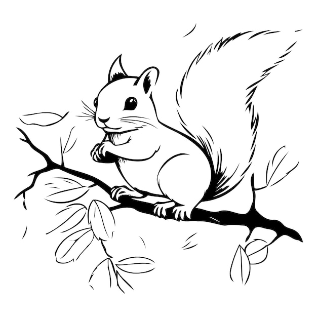 Vector squirrel on a branch with autumn leaves hand drawn vector illustration