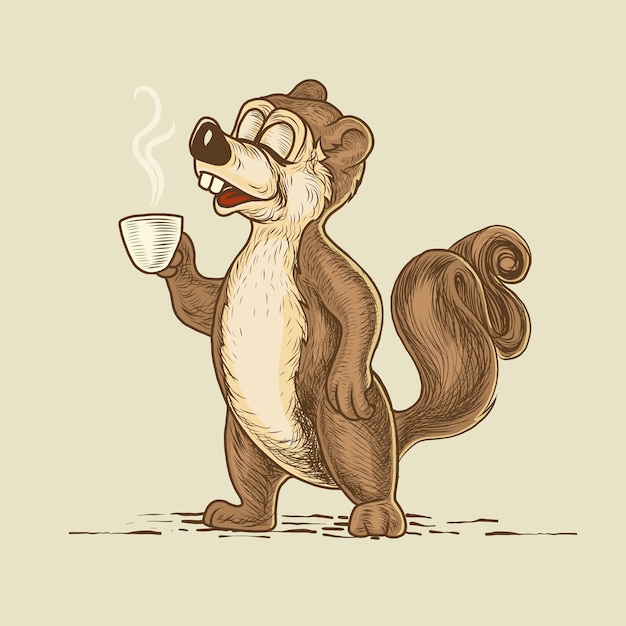 Squirrel character holding a cup of coffee vector handrawing illustration