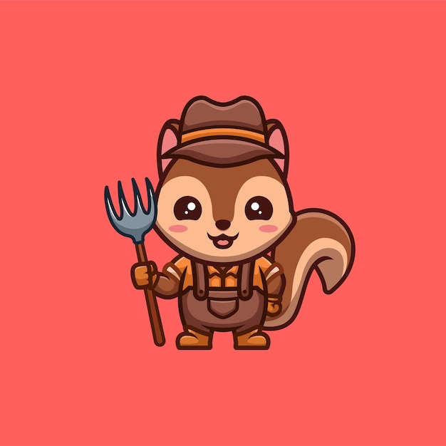 Squirrel Farmer Cute Creative Kawaii Cartoon Mascot Logo