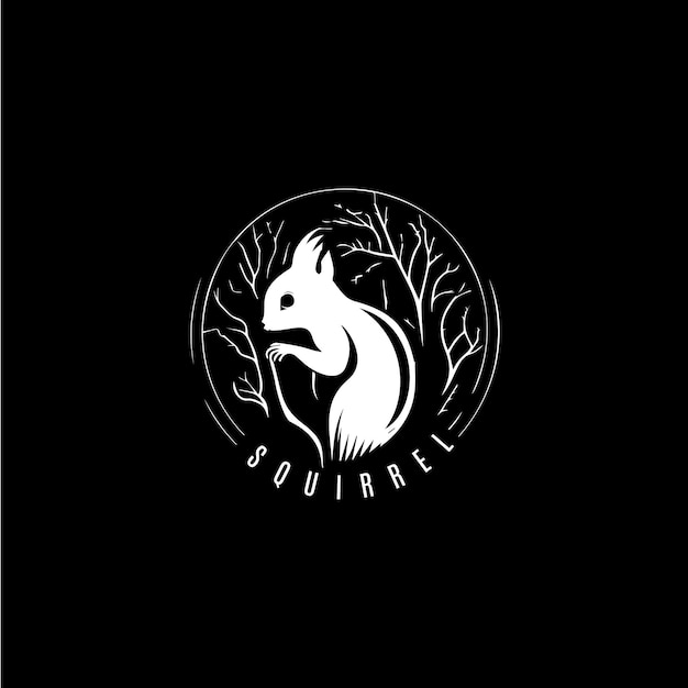 リスの頭と尾のアイコン野生動物のロゴのテンプレートボディ アートとタトゥーのミニマルなスケッチ アートのベクトル図の黒の背景に手描きのエンブレム