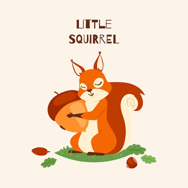 Squirrel little hugging acorn and standing on grass in forest