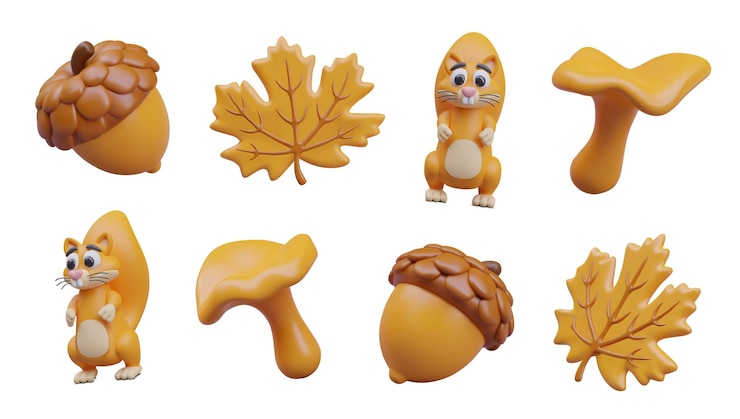 Vector squirrel maple leaf acorn mushroom forest animal and its food