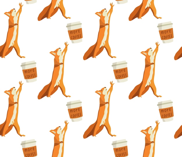 A squirrel reaches for a glass of coffee. Seamless pattern. Image of a squirrel in vector