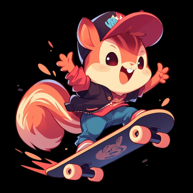 A squirrel riding a skateboard cartoon style