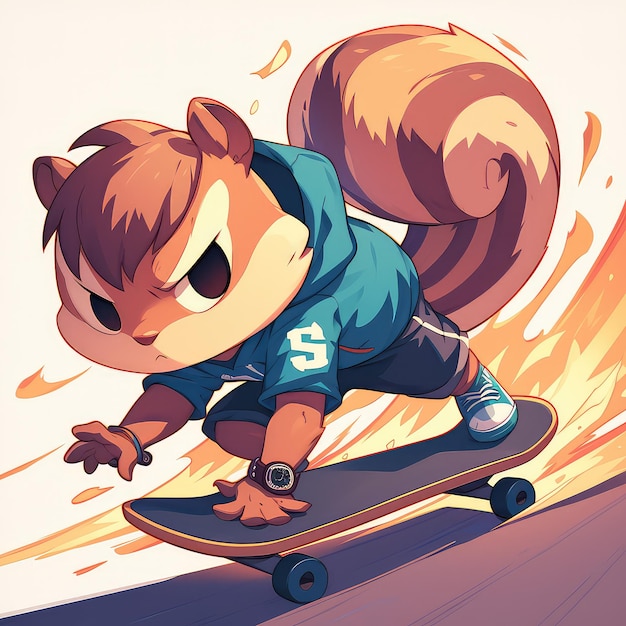 A squirrel riding a skateboard cartoon style