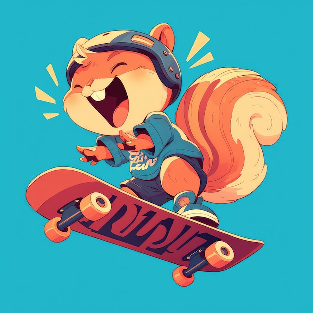 A squirrel riding a skateboard cartoon style