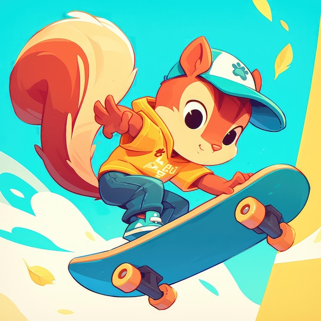 A squirrel riding a skateboard cartoon style